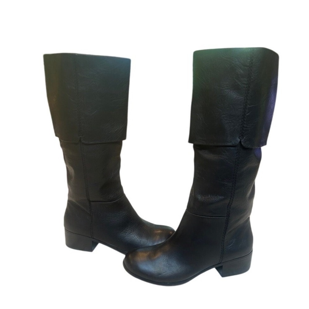 Rosegold Black Leather Fold Over Cuff Tall Boots Low Block Heel Round Toe
